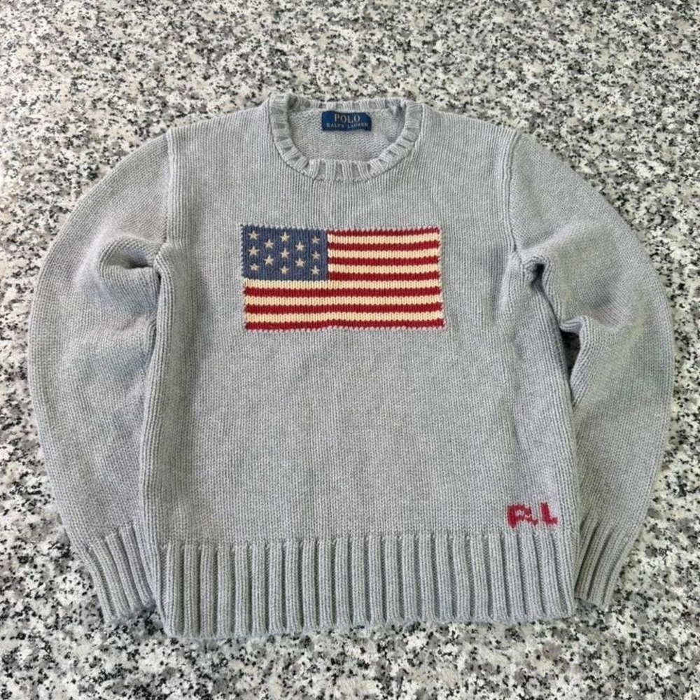 Polo Ralph Lauren Grey USA American Flag Knit Sweater Fits Youth Medium (10)